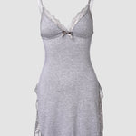 Lace Trim Adjustable Straps Side Slit Bowknot Decor Modal Cami Sleep Dress