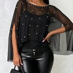 Women's 2 Piece Set Split Sleeve Pearl Sheer Chiffon Cape Top with Cami Top