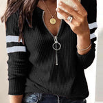 Striped Print Zipper Front Long Sleeve Top  Waffle Knit Loose Fitting Tunic Tops