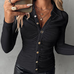 Long Sleeve Button Down Shirt Collar Neck Ruched Fitted Top