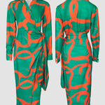 Abstract Print Turn-down Collar Tied Detail Ruched Dress Casual Wrap Front Vacation Dress