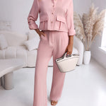 2 Pieces Outfit Turn-down Collar Turn-Up Sleeves Button Front Flap Pockets Design Top and Causal Zipper Fly Elastic Back Waist Wide Leg Pants Set