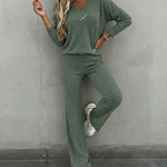 2 Pieces Outfit Button Decor V-Neck Long Sleeve Top and Elastic Waist Straight Leg Pants Set Casual Ribbed Set