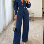 Women's 2 Piece Set V-Neck Cinched Waist Gigot Sleeve Top and High Waist Wide Leg Pants Elegant Set