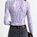 Women's Floral Print Slim Fit Crewneck Long Sleeve Top with Thumbholes
