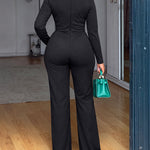 Women's Long Sleeve Cowl Neck Ruched Jumpsuit with Gold Buckle Accent