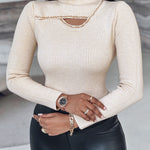 High Neck Long Sleeve Beaded Knit Sweater Hollow-out Fleece Lined Basic Layering Soft Versatile Thermal Top