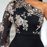 Floral Pattern Contrast Sequin One Shoulder Bodycon Dress
