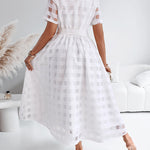 Women's Sheer Plaid Maxi Dress Short Sleeve Double Layer Swing Vacation Dress Elegant Flowy A Line Dress with Belt