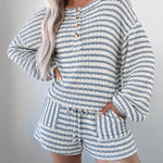 Women's Striped Two Piece Outfit Henley Lantern Sleeve Top and Drawstring Shorts Casual Lounge Set