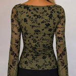 Women's Vintage Flocked Floral Mesh Top Boat Neck Ruched Flare Long Sleeve Tee