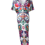 Women's Sexy Deep V Neck Abstract Print Maxi Dress Drawstring Ruched Front Slit Half Sleeve Bodycon Dress