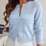Women's Pearl Beaded Knit Cardigan Elegant Hollow Out Crop Sweater Casual Button Down Coat