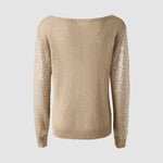 Women's Sequin Knit Sweater Loose Skew Neck Pullover Top Sheer Hollow Out Shimmering Long Sleeve Top