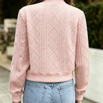 Women's Vintage Argyle Cable Knit Bomber Jacket Elegant Baseball Collar Button Down Cropped Coat with Flap Pockets