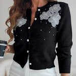Floral Applique & Pearls Decor Round Neck Single Breasted Knit Cardigan Casual Crop Sweater Coat