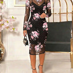 Women's 2 Piece Set Floral Print Mesh Midi Dress Rhinestone Sheer Long Sleeve Bodycon Dress with Cami Slip Dress