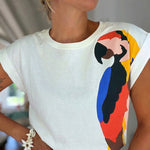 Women's Parrot Graphic Tee Loose Crewneck Cuffed Cap Sleeve T-Shirt Casual Top