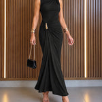 Women's Sleeveless Gold Buckle Ruched Maxi Evening Dress