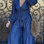 Two-Piece Set Faux Denim Lantern Sleeve Plunge V Neck Lace Up Top and Casua Wide Leg Flared Pants Set