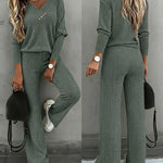 2 Pieces Outfit Button Decor V-Neck Long Sleeve Top and Elastic Waist Straight Leg Pants Set Casual Ribbed Set