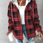 Plaid Print Button Front Pocket Design Drawstring Hoodie Jacket Casual Asymmetrical Hem Thermal Lined Warm Coat