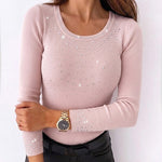 Women's Rhinestone Embellished Ribbed Long Sleeve Layering Top Slim Fit U-Neck Knit Tee Elegant Stretchy Pullover