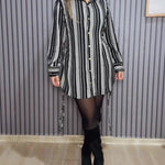 Women's Striped Shirt Dress Button Down Long Sleeve Shirred Waist Casual Dress