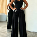 Women's 2 Piece Outfits Sleeveless Slim Fit Bodysuit and Rhinestone High Waist Ruched Wide Leg Pants Set