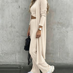 Women's 3 Piece Knit Set Long Cardigan Criss Cross Crop Tank Top and Wide Leg Pants Casual Ribbed Brushed Lounge Set