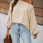Women's French Style Off Shoulder Blouse Elegant Lantern Sleeve Top Versatile Skew Neck Textured Shirt