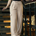 High Waist Drawstring Pleated Front Wide Leg Trousers Casual Flap Pockets Design Cargo Pants