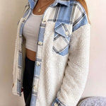 Women's Plaid Patchwork Fleece Shacket Casual Long Sleeve Button Down Faux Shearling Jacket
