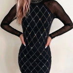 Women's Rhinestone Argyle Mock Neck Bodycon Dress Sheer Mesh Patchwork Long Sleeve Mini Party Dress