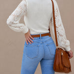 Women's Crewneck Long Sleeve Lace Sunflower Patchwork Waffle Knit Top