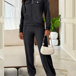 Women's Casual Tracksuit Set Zip Up Long Sleeve Lapel Jacket and High Waisted Straight Leg Pants Lounge Set with Pockets
