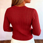 Women's Gold Button Crew Neck Textured Knit Long Sleeve Top