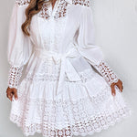 Guipure Lace Spliced Turn-down Collar Long Sleeve Button Front Shirt Dress Casual Tie Waist Ruffle Hem Dress