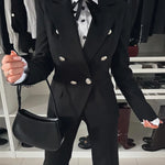 2 Pieces Outfit Notched Collar Double-Breasted Flap Detail Coat and Zipper Fly Elastic Back Waist Slim Fit Flared Pants Set Casual Blazer Set