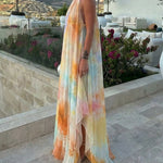 CHICME Women's Tie Dye Print Chiffon Maxi Dress Halter Neck Backless Tied Flowy A-Line Long Dress for Vacation