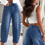 Women's Barrel Jeans High Waisted Side Button Denim Pants Distressed Washed Baggy Trousers Retro Y2K Streetwear