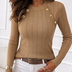 Women's Gold Button Crew Neck Textured Knit Long Sleeve Top