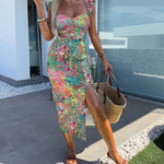 Women's Floral Sweetheart Neck Mid-length Dress Flutter Sleeve High Slit Bodycon Summer Vacation Dress