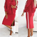 Women's 3 Piece Tracksuit Set Baseball Collar Jacket and Slim Fit Side Slit Skirt with Ribbed Tank Top