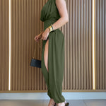 Padded Shoulders Sleeveless Cinched Waist Side High Slit Overalls Casual Hollow-out Back Ruched Jumpsuit