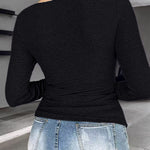 Chicme Built In Bra Notch Neck Long Sleeve Shirts Rib Knit Ruched Waist Top
