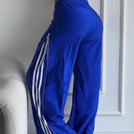 Contrast Side Striped & Zipper Slit Side Drawstring Elastic Waist Trousers Casual Wide Leg Pants