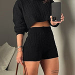 2 Piece Crewneck Long Sleeve Cable Knit Crop Sweater High Waist Shorts Tracksuits Outfits
