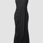 Sleeveless Ruched Cinched Waist Draped Bandeau Dress Eyelet Embroidery Slit Asymmetrical Hem Vacation Dress