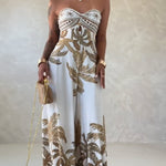 Palm Tree Print Bandeau Twist Front Backless Tie Back Overalls Casual Hollow-out Front Wide Leg Jumpsuit